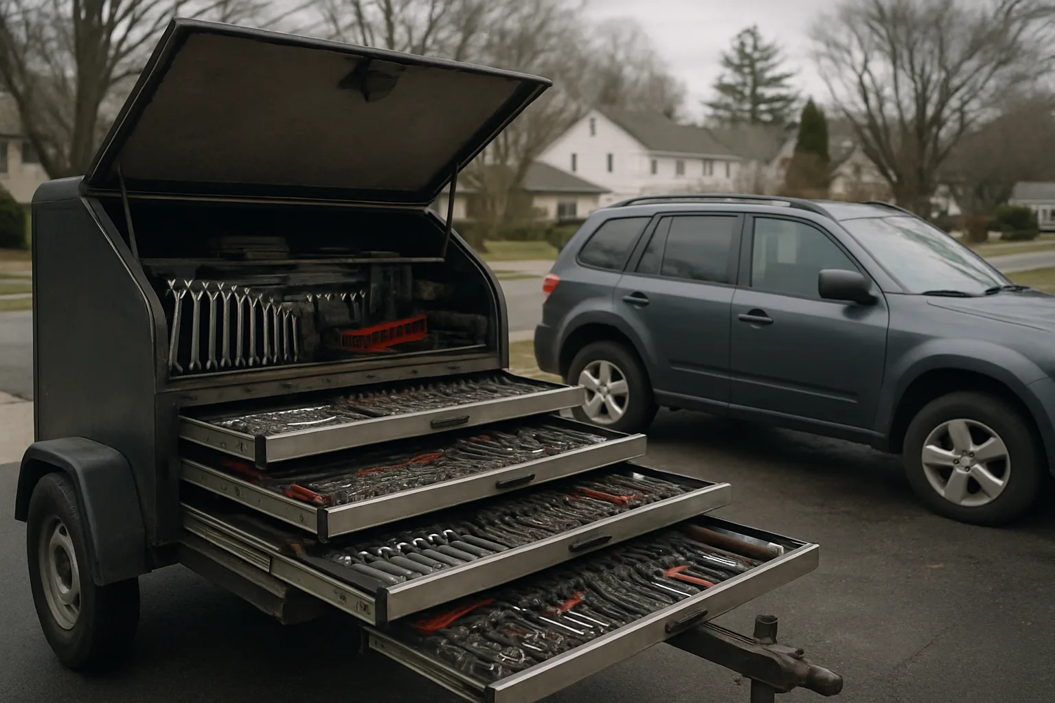 Mobile mechanic tool cart and equipment setup at a job site